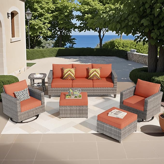 ovios Patio Furniture Set, 6 Pieces Outdoor Wicker Sofa Couch with Swivel Rocking Chairs - Photo 1