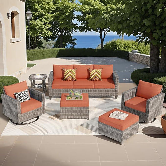 ovios Patio Furniture Set, 6 Pieces Outdoor Wicker Sofa Couch with Swivel Rocking Chairs, All Weather Rattan Conversation Set for Backyard Porch Garden, Orange Red