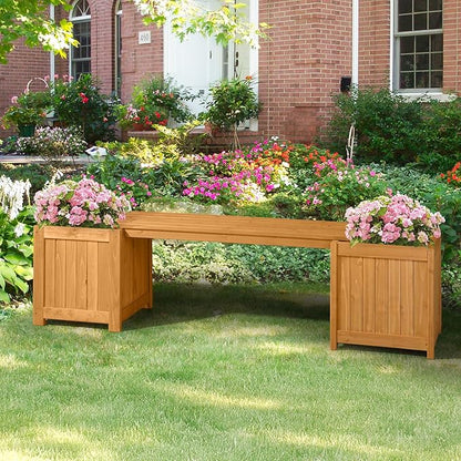 VINGLI Outdoor Wood Bench with Planter Boxes, 2-in-1 All-Weather Porch Bench Seat ＆ Open-Ended Wooden Raised Garden Bed, for Balcony Yard Patio (2 Boxes)