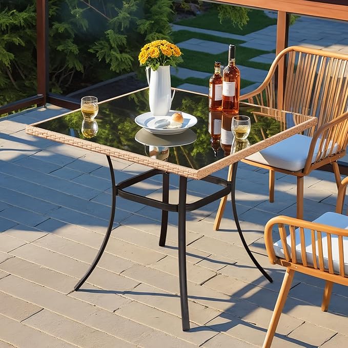 ECOTOUGE 35.2" Square Patio Table, Outdoor Wicker Dining Desk with Tempered Glass Top for 4-5 Persons, Bistro Rattan Furniture Garden Table for Balcony, Backyard, and Sunroom - Black Metal Steel Slat
