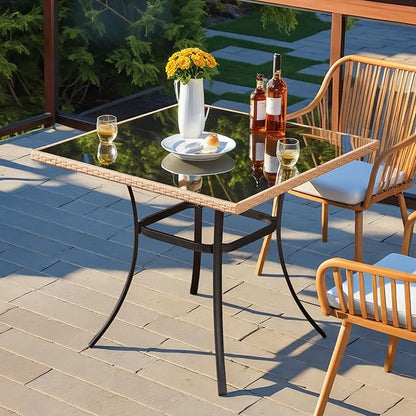 ECOTOUGE 35.2" Square Patio Table, Outdoor Wicker Dining Desk with Tempered Glass Top for 4-5 Persons, Bistro Rattan Furniture Garden Table for Balcony, Backyard, and Sunroom - Black Metal Steel Slat