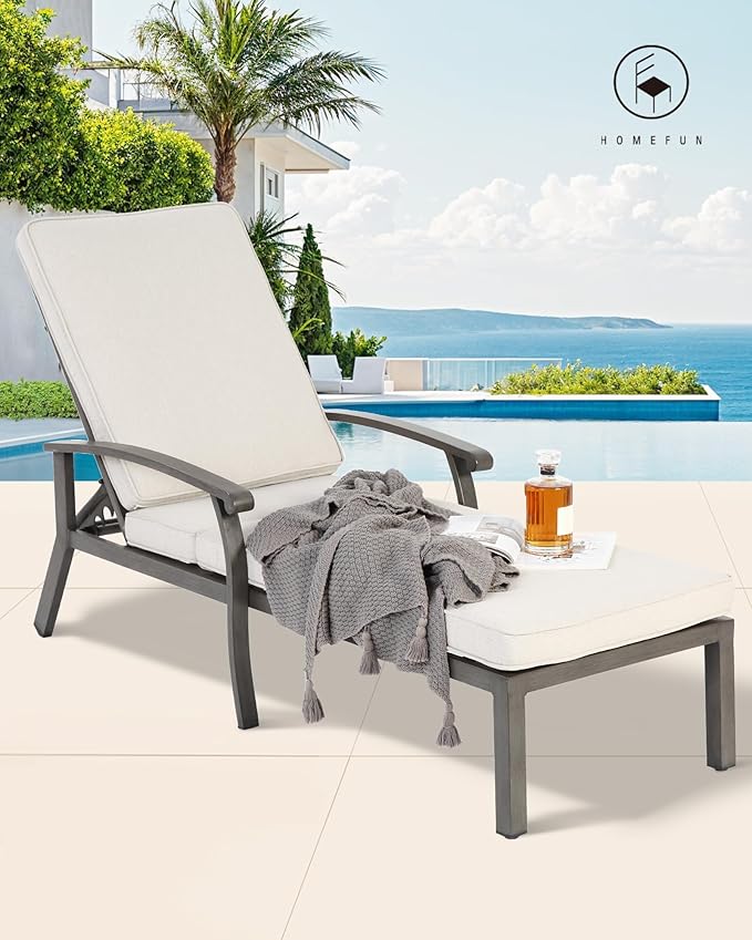 HOMEFUN Outdoor Chaise Lounge Chair, Hand-Brushed Wood Grain Cast Aluminum Reclining Lounger with Cushion - Photo 7