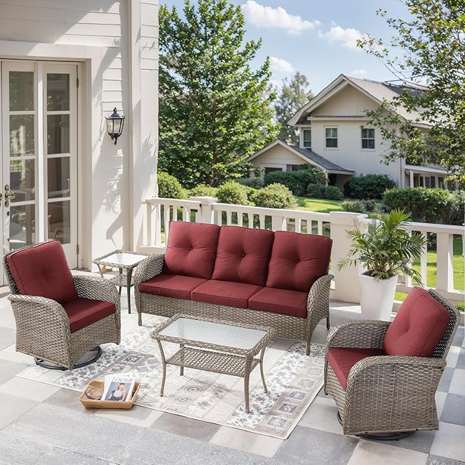 5 Pieces Wicker Patio Furniture Set-Outdoor Swivel Rocker Patio Chairs Patio Sofa Set with Tempered Glass Top Outdoor - Photo 1