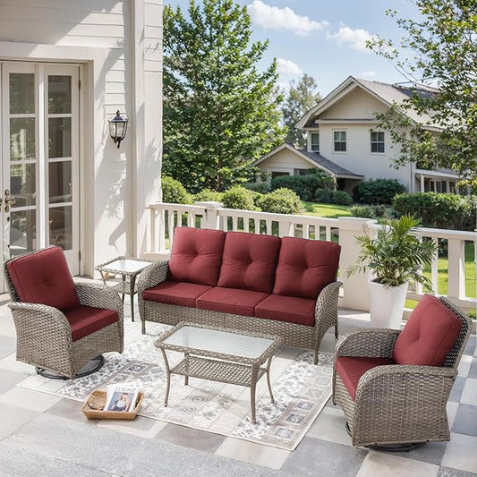 5 Pieces Wicker Patio Furniture Set-Outdoor Swivel Rocker Patio Chairs Patio Sofa Set with Tempered Glass Top Outdoor Coffee Table for Deck Lawn Porch Balcony Poolside-Grey/Red