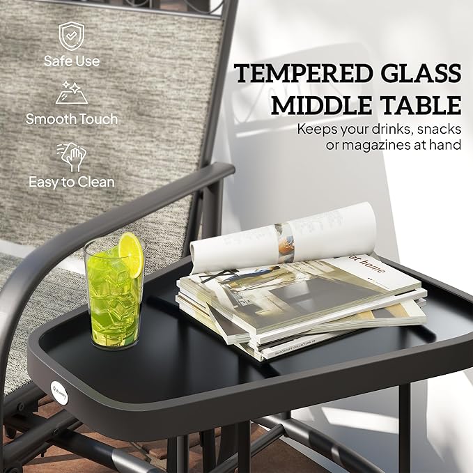 Outsunny Outdoor Glider Chairs with Coffee Table, Patio 2-Seat Rocking Chair Swing with Breathable Sling for Backyard, Garden and Porch, Gray