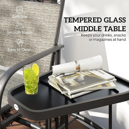 Outsunny Outdoor Glider Chairs with Coffee Table, Patio 2-Seat Rocking Chair Swing with Breathable Sling for Backyard, Garden and Porch, Gray