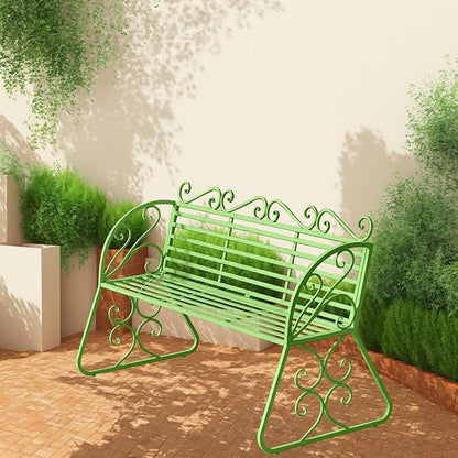 2-Seat Patio Porch Bench 45"，Outdoor Metal Garden Bench，Weather Proof Porch Path Chair，Patio Bench with Backrest and Armrests，Patio Bench for Lawn Path Yard Decor Deck Furniture(Green)