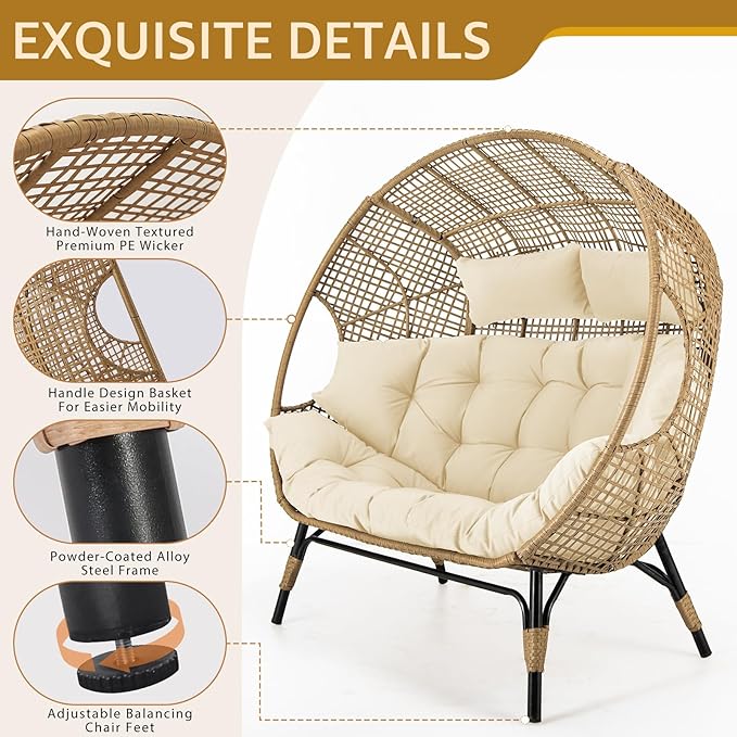 NICESOUL® Double Egg Chair Indoor Outdoor Stationary Oversized 6.5" Thick Padded Cushions - Photo 5