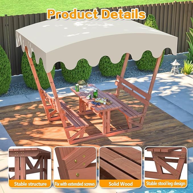 Wooden Picnic Table,Outdoor Wooden Dining Rectangle Table w/Umbrella Hole,for Patio,Garden,Backyard - Photo 3