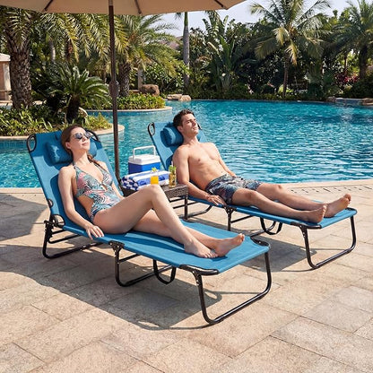 COSTWAY Tanning Chair with Face Hole, Pillows & Adjustable Backrest, Folding Chaise Lounge for Sunbathing, Beach, Seaside (1, Blue)