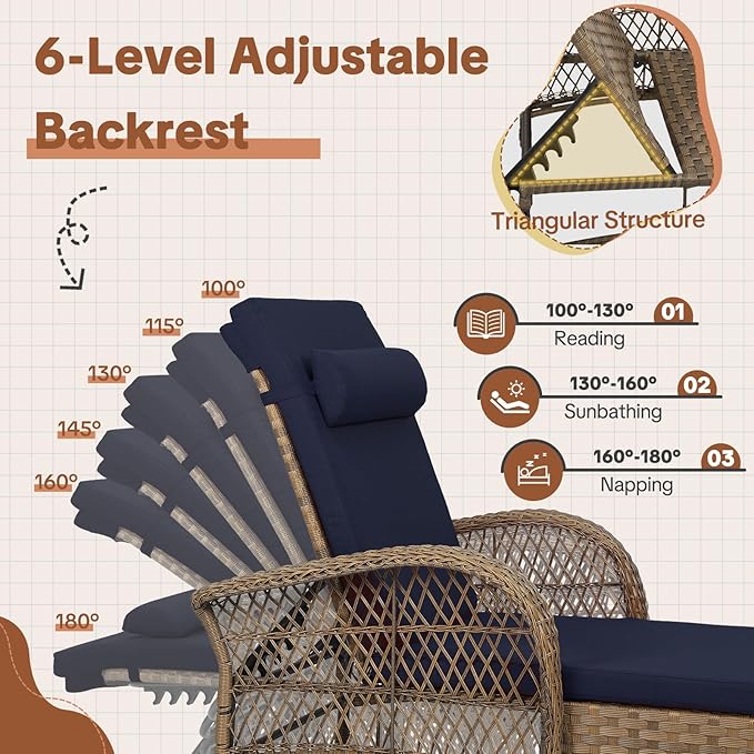 HOMEDIARY 2-Piece Outdoor Wicker Lounge Chairs with Cushion, Rattan Patio Chaise Loungers with 6-Level Backrest - Photo 3