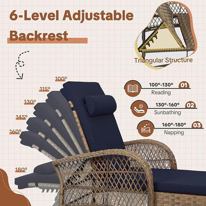 HOMEDIARY 2-Piece Outdoor Wicker Lounge Chairs with Cushion, Rattan Patio Chaise Loungers with 6-Level Backrest, All Weather Lay Flat Pool Sunbathing Recliner Chair, Armrest and Head Pillow, Navy Blue