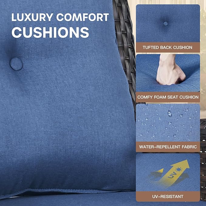 Patio Loveseat Glider Set, Resin Wicker Loveseat Glider with 2 Swivel Patio Chiars Coffee Table and Side Table, 5 Piece Patio Furniture Set Loveseat Set, Brown Wicker|Blue Cushions