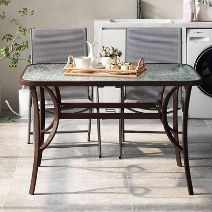SDHYL 47-Inch Outdoor Dining Table with Tempered Glass Top – Patio Table with Umbrella Hole, Heavy Duty Steel Frame, Weather-Resistant Brown Finish for Garden, Poolside & Backyard
