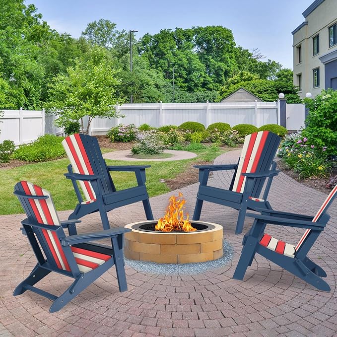 Aoodor Folding Adirondack Chair HDPE Outdoor All-Weather Chair for Patio, Garden, Backyard, Lawn, Fire Pit, Red&White&Blue