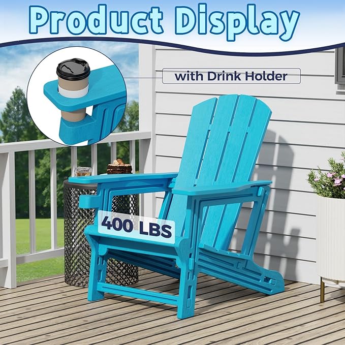 Adirondack Chair, Plastic Patio Chair Cup Holder Without Screws Install, Outdoor Chair 400 LBS Capacity, Weather Resistant for Garden Backyard Lawn Beach (Sky Blue)