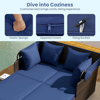 ORALNER Outdoor Daybed, 2-Person Wicker Patio Sofa with Retractable Canopy, Cushions & Pillows, 2 Side Trays, PE Rattan Double Sunbed for Deck Poolside Garden Balcony Backyard (Navy, Mix Brown)