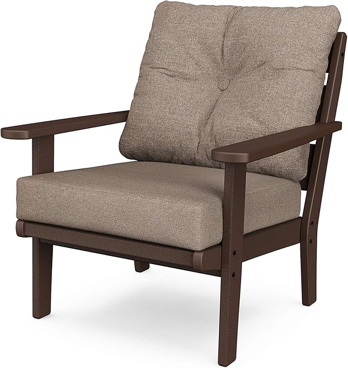 POLYWOOD Lakeside Deep Seating Chair, Mahogany/Spiced Burlap - Oversized Outdoor Patio Furniture - HDPE Resin Composite Adirondack Style Lounge Chair for Deck, Dock, Garden & Backyard