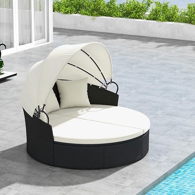 HAPPYGRILL Patio Round Daybed, Wicker Daybed with Retractable Canopy - Photo 3