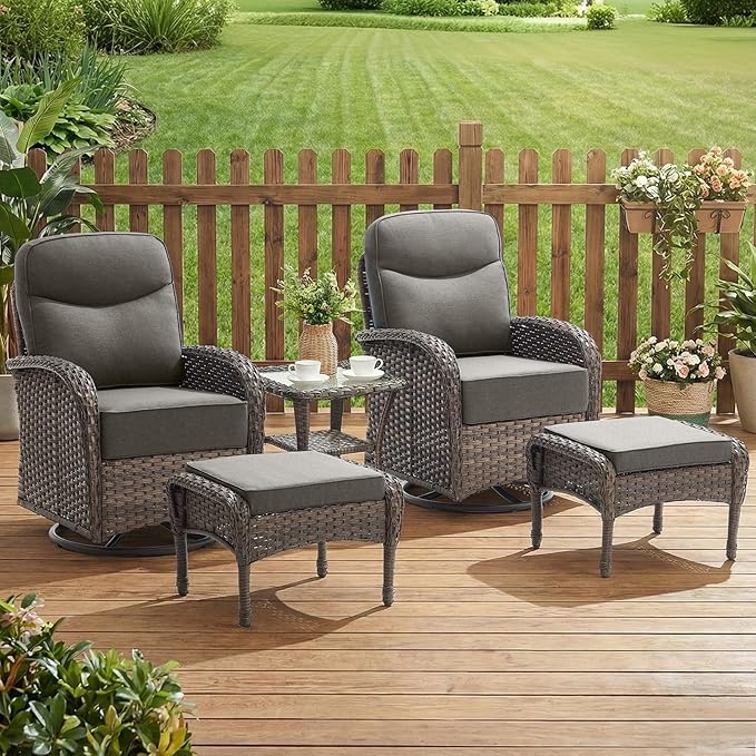 Outdoor Ottomans Patio Footrest Set of 2 - High Back Comfortable Brown Wicker Rattan Steel Frame Footstool Additional Bench Side Table for Porch Balcony Deck Garden Poolside - Grey