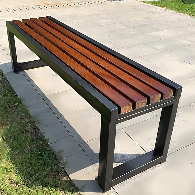 LITFAD Mid-Century Metal Park Bench in Black with Waterproof Wood Seating Gym Rest Bench Patio Bench for Outdoor Use - 79" L x 16" W x 18" H