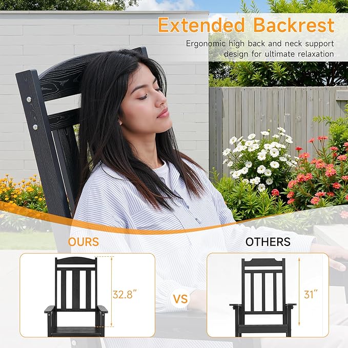 Outdoor Rocking Chair, Patio Rocking Chairs with High Back and Armrest, All Weather Oversized Porch Rocking Chairs 400 lbs Support, Black Rocking Chair with Headrest Footrest for Porch Backyard Garden