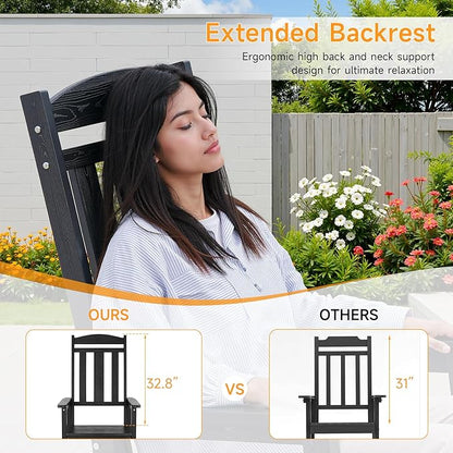 Outdoor Rocking Chair, Patio Rocking Chairs with High Back and Armrest, All Weather Oversized Porch Rocking Chairs 400 lbs Support, Black Rocking Chair with Headrest Footrest for Porch Backyard Garden