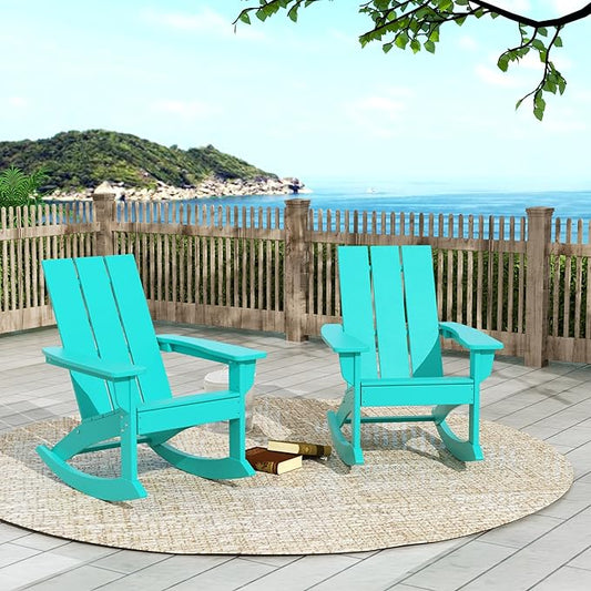 WO WESTIN OUTDOOR HDPE Shoreside Modern Rocking Poly Adirondack Chair (Set of 2),Turquoise
