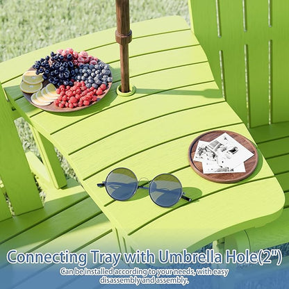 Shintenchi Adirondack Chair Set of 2,HDPE Adirondack Chairs with Umbrella Hole Connecting Tray & 2 Curved Ottoman,Plastic Outdoor Chairs with Cup Holders for Garden Backyard Pool,Green