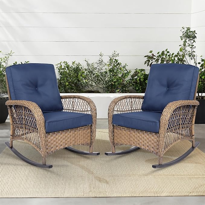 MEETWARM Outdoor Wicker Rocking Chairs Set of 2, Rattan Patio Rocker Chairs with Thick Cushions and High Back, All-Weather Patio Wicker Chair with Safe Rocking Design for Garden, Brown/Navy Blue