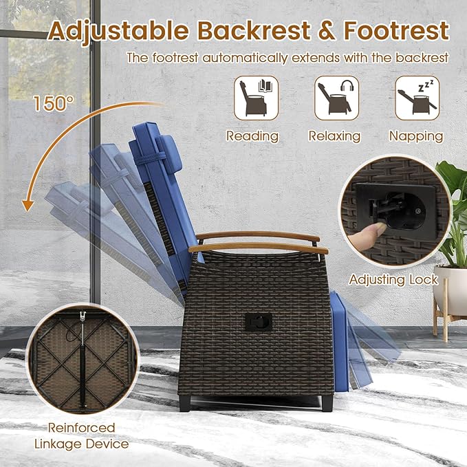 HAPPYGRILL Outdoor Rattan Wicker Chaise Lounge, Recliner Chair with Adjustable Backrest & Footrest, Outside Seat with Flip Table for Backyard, Porch, Balcony