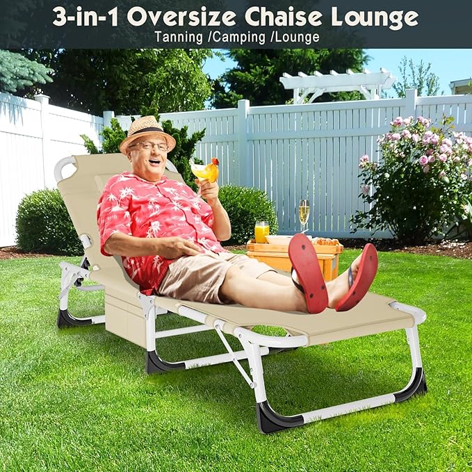 MOPHOTO Beach Lounge Chair, 5-Position Adjustable Tanning Chair with Face Hole, Heavy Duty Folding Chaise Lounge for Beach, Pool, Patio & Sunbathing