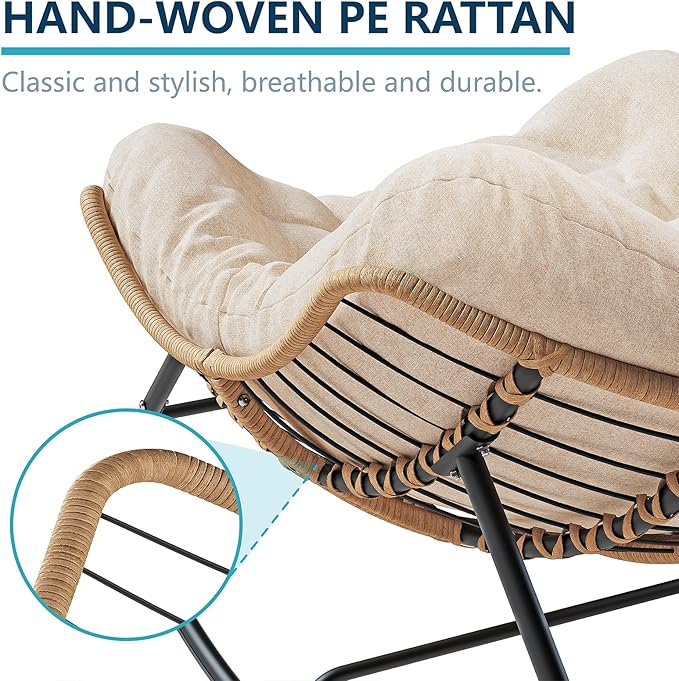 Outdoor Rocking Chair, Oversized Papasan Chair, Indoor Comfy Lounge Rocker with Cushion for Patio, Living Room, Porch, Balcony-Cream
