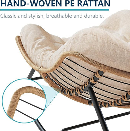 Outdoor Rocking Chair, Oversized Papasan Chair, Indoor Comfy Lounge Rocker with Cushion for Patio, Living Room, Porch, Balcony-Cream