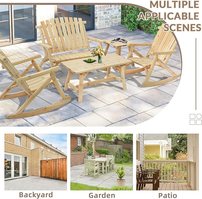 5-Piece Outdoor Log Wood Rocking Set, Rustic Wooden Conversation Set Including 2-Seater Loveseat, 2 Coffee Tables, 2 Log Rocker Chairs, Patio Furniture Chair Set for Garden, Lawn Yard, Natural
