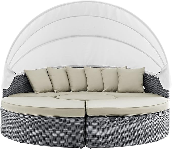 Modway Summon Outdoor Patio Daybed with Canopy and Sunbrella Cushions in Antique Canvas Beige