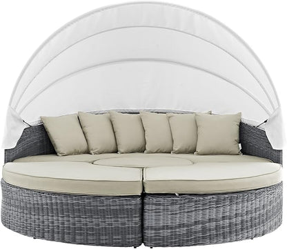 Modway Summon Outdoor Patio Daybed with Canopy and Sunbrella Cushions in Antique Canvas Beige