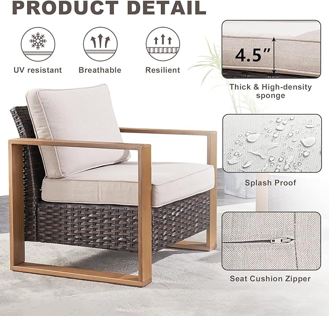 Rilyson 3 Piece Wicker Patio Furniture Set,Patio Bistro Set with 2 Rattan Armrest Chairs and 1 Side Table,Sturdy Frame,All-Weather PE Wicker,Wide Armrest,Deep Seating and Thick Cushions(Brown/Beige)