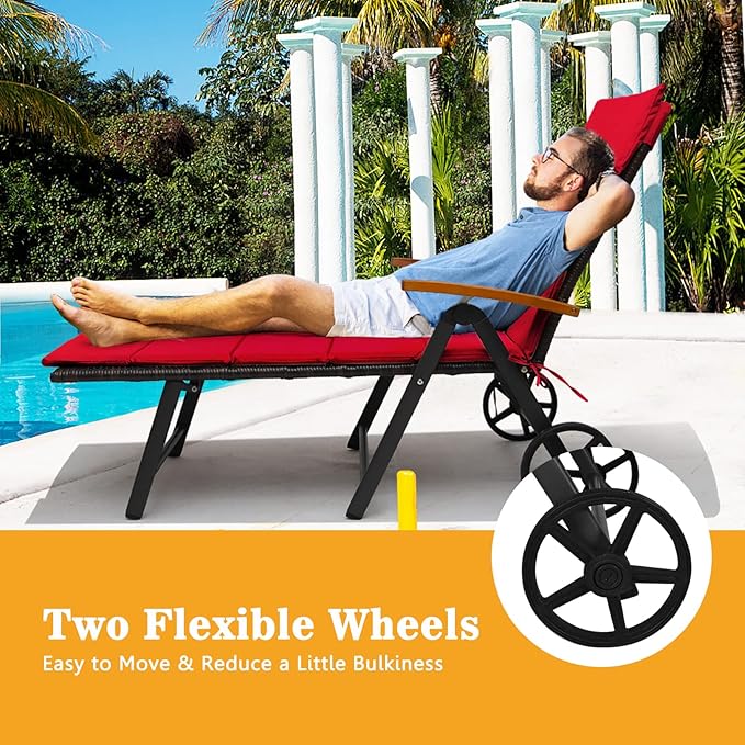 Tangkula Foldable Outdoor Chaise Lounger, Wicker Lounger Chair with Aluminum Black Frame, Wheels for Easy Moving - Photo 6