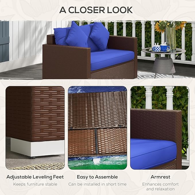Outsunny Patio Wicker Loveseat with Cushions, 2-Seat Outdoor PE Rattan Couch Sofa with Throw Pillows, for Porch - Photo 6