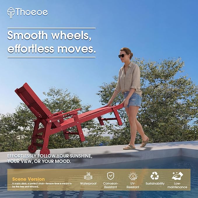 THOEOE Patio Chaise Lounge Chair, Oversized Lounge Chair Outdoor with 5 Positions, HDPE, Patio Lounge Chair with Wheels & Cup Holder for Pool, Deck, Poolside,Red