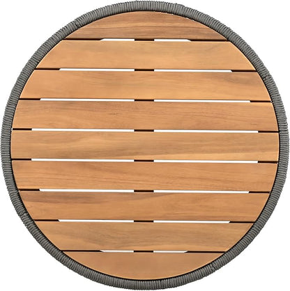 LUMISOL Rattan Rope & Acacia Wood Coffee Table for Outdoor, Patio Center Table with Wood Top, 26" Cocktail Table for Garden, Yard, Balcony, Teak+ Grey