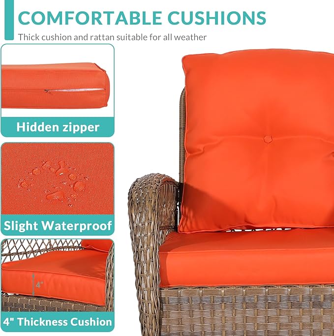 MEETWARM Outdoor Wicker Rocking Chair, Rattan Patio Rocker Chairs with Cushions and High Back, All-Weather Patio Wicker Chair with Safe Rocking Design for Garden Backyard Porch, Brown/Orange
