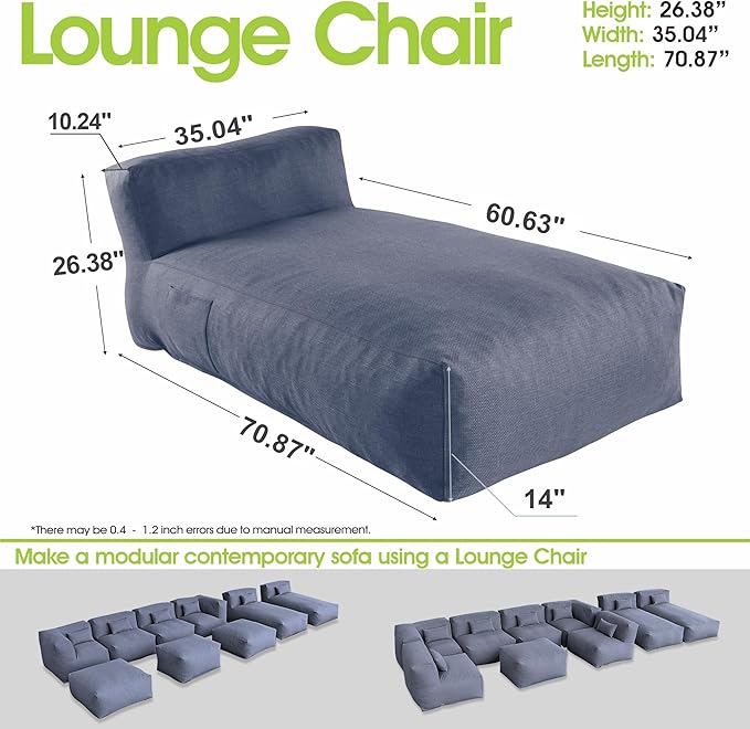 Dineli Chaise Lounge Chair Outdoor Bed Lounger Outdoor Couch Sofa for Pool Comfy Patio Furniture Foam Filling Bean Bed Chair Lazy Sofa for Outside, Water-Resistant Sunbed (Denim Blue, 70'' Length)