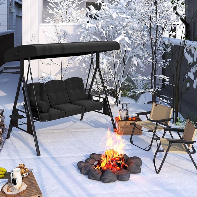 AECOJOY Outdoor Porch Swing, 3-Seat Porch Swing with Adjustable Canopy, Outdoor Swings for Adult with Black Removable Cushions for Backyard, Garden, Yard, Poolside, Balcony