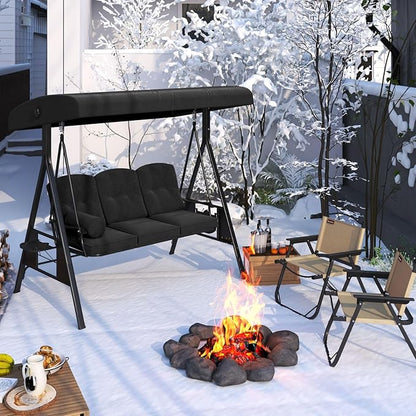 AECOJOY Outdoor Porch Swing, 3-Seat Porch Swing with Adjustable Canopy, Outdoor Swings for Adult with Black Removable Cushions for Backyard, Garden, Yard, Poolside, Balcony
