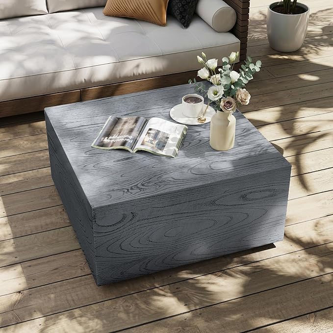 UPHA 28" Square Outdoor Coffee Table, Modern Hollow Concrete Patio Table, Small Minimalist Low Accent Table for Living Room, Balcony, Deck, Backyard, Gray Wood Finish