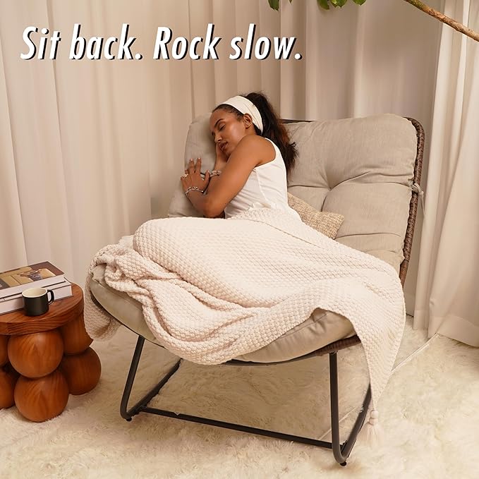 Outdoor Papasan Rocking Chair Oversized - Rocking Chair with Soft Cushion, 30° Rocker Egg Chair for Patio, Front Porch, Backyard, Living Room, Beige
