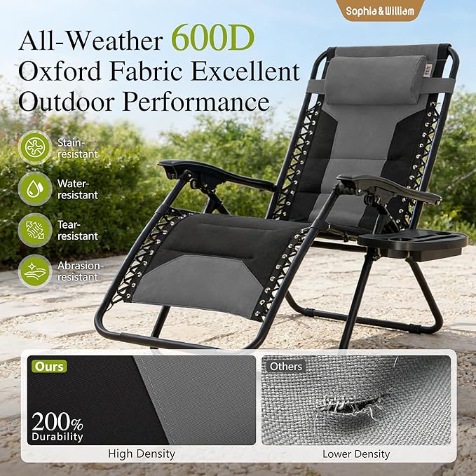 Sophia & William Oversized XL Zero Gravity Recliner Chair Set of 2 Padded, Folding Reclining Lounge Chair with Wide Armrest and Cup Holder, Support 400 LBS, Black