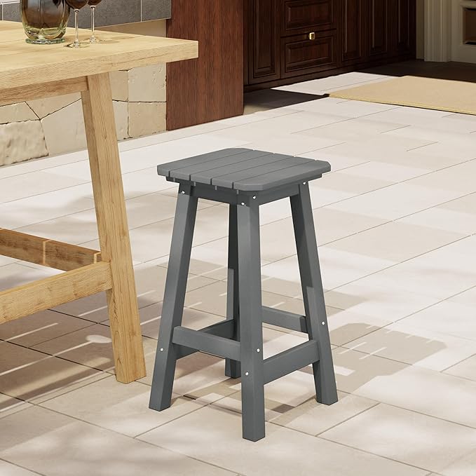 Costaelm 24" Height Outdoor Bar Stools, All-Weather Bar Stools, Adirondack Poly Patio Square Bar Stool for Patio, Deck, Kitchen Counter and Garden, Gray